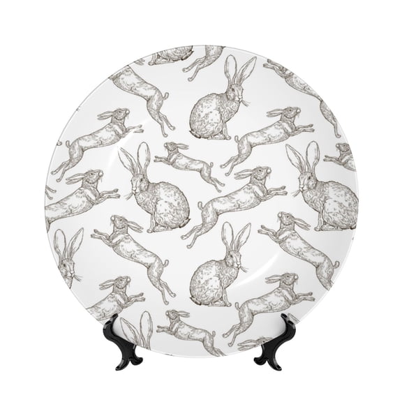 Picia Hand Drawn Rabbit Pattern Bone China Decorative Plate – Wall Decor with Stand and Adhesive, Elegant Ornament for Living Room, Office, or Entryway-10in