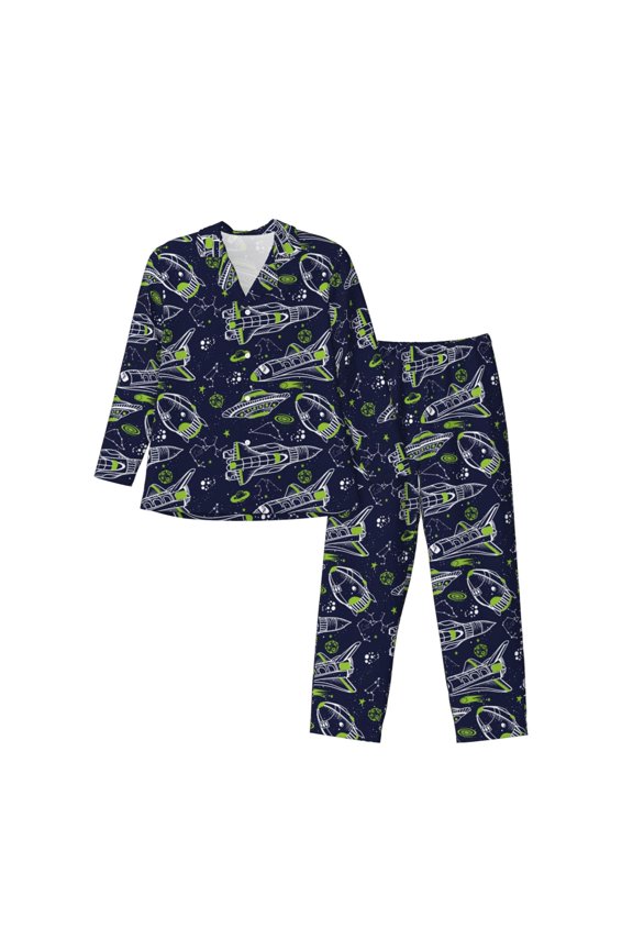 Hand Drawn Rockets Pattern Men’s Long-Sleeve Sleepwear Set - Soft 2-Piece Loungewear with Pockets, Comfy PJs for Relaxing Nights-XX-Large