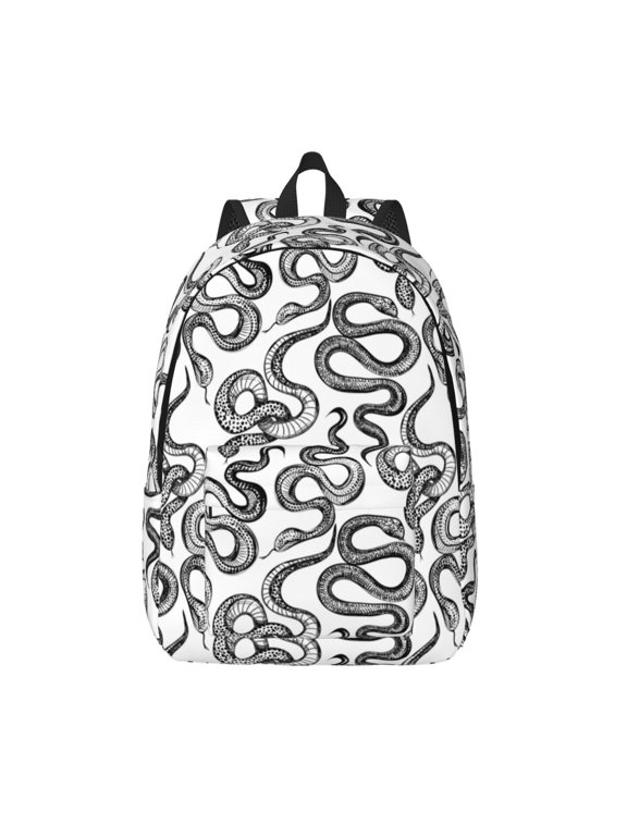 Hand Drawn Snake Printed Canvas Daypack - Stylish and Durable Vintage Compact Backpack - Class, Work, Travel, or Laptop Bookbag,Organized Compartments-Small