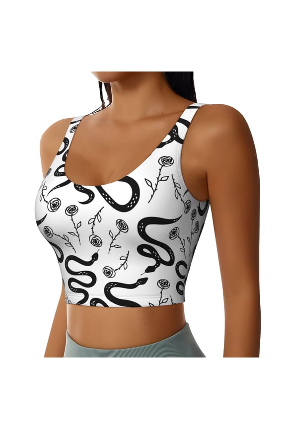 Hand Drawn Snake Sports Bra for Women,Padded Strappy Sports Bras Medium Support Yoga Bra with Removable Cups,Running Yoga Bra-X-Large