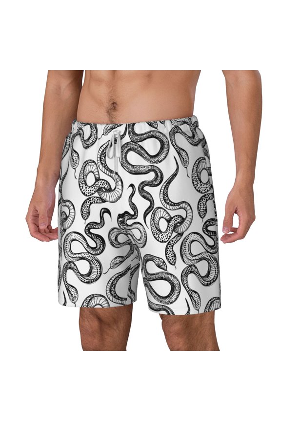 Hand Drawn Snake pattern Mens Swim Trunks with Compression Liner Stretch Beach Shorts Quick Dry with Zipper Pockets No-Chafing Board Shorts-X-Large