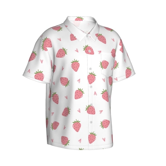 Picia Hand Drawn Strawberry Gentle Cotton Regular Fit Short Sleeve Casual Hawaiian Shirt for Men-Large
