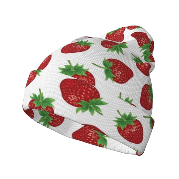 Picia Hand Drawn Strawberry Pattern Knitted Beanie Hat for Men and Women , Unisex Winter Warm Stretchy Knit Cap Thick Fisherman Beanies Cuffed Plain Skull Caps