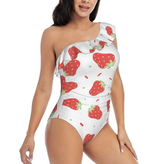 Picia Hand Drawn Strawberry Pattern Women's One Piece Swimsuits,One Shoulder Swimwear Asymmetric ,Ruffle Monokinis Bathing Suits,High Waisted Flattering Bathing Suits-Large