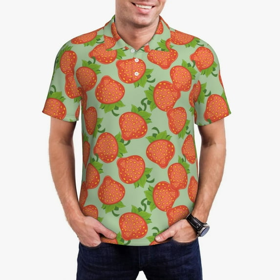 Picia Hand Drawn Strawberry Print Men's Polo Shirt, Two-Button Closure Pique Polo Shirt, Summer Fashion Golf Shirt-Medium
