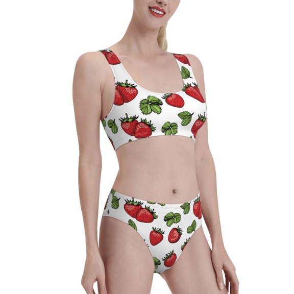 Picia Hand Drawn Strawberry Women's High Waisted Bikini Scoop Neck Swimsuit Two Pieces Bathing Suit-Small
