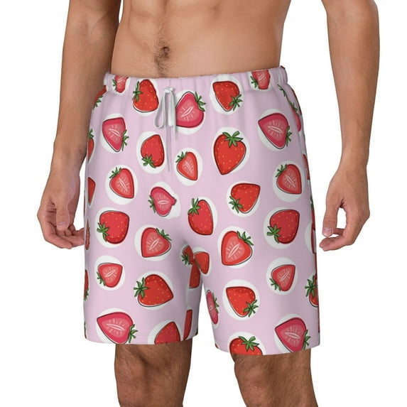 Picia Hand Drawn Strawberry pattern Mens Swim Trunks with Compression Liner Stretch Beach Shorts Quick Dry with Zipper Pockets No-Chafing Board Shorts-Small