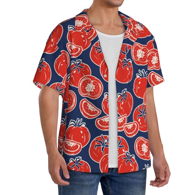 Picia Hand Drawn Tomatoes Men's Linen Shirts Short Sleeve Cuban Beach