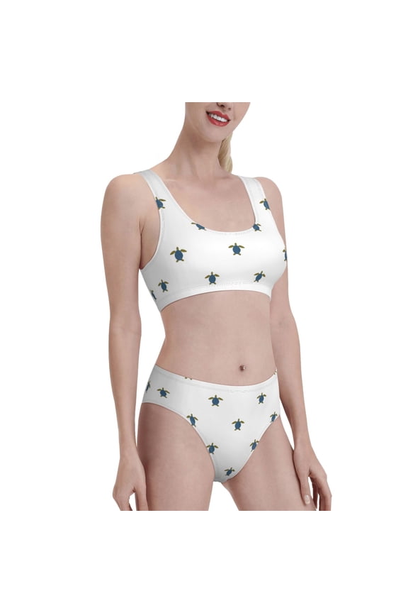 Hand Drawn Turtle Women's High Waisted Bikini Scoop Neck Swimsuit Two Pieces Bathing Suit-Large