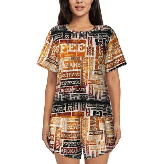 Picia Hand Drawn Vintage Coffee Pajamas Sets for Women Soft Short-Sleeved Pjs with Lounge Shorts Two Piece Sleepwear-Large