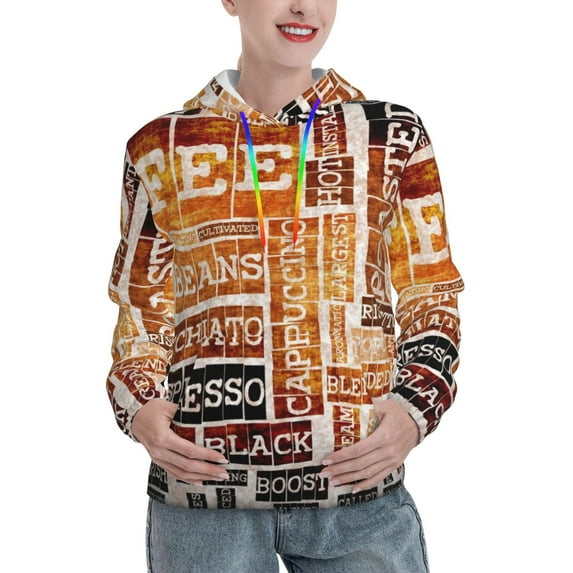 Picia Hand Drawn Vintage Coffee Pattern Casual Women's Hoodie, Hooded Sweatshirt with Kangaroo Pocket, Comfortable Pullover with Eye-catching Drawstrings-Medium