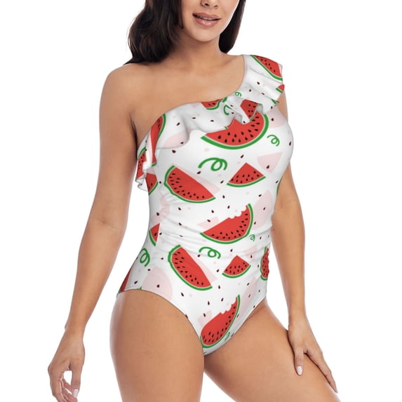 Picia Hand Drawn Watermelon Pattern Women's One Piece Swimsuits,One Shoulder Swimwear Asymmetric ,Ruffle Monokinis Bathing Suits,High Waisted Flattering Bathing Suits-Medium