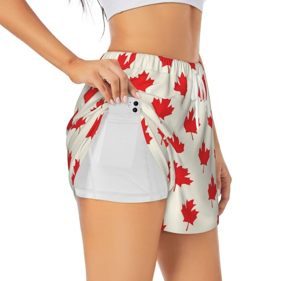 Picia Happy Canada Day Pattern Women's 2 in 1 Athletic Running Shorts High Waisted Workout Casual Gym Sweat Shorts with Comfy Liner Zipper Pockets-Large