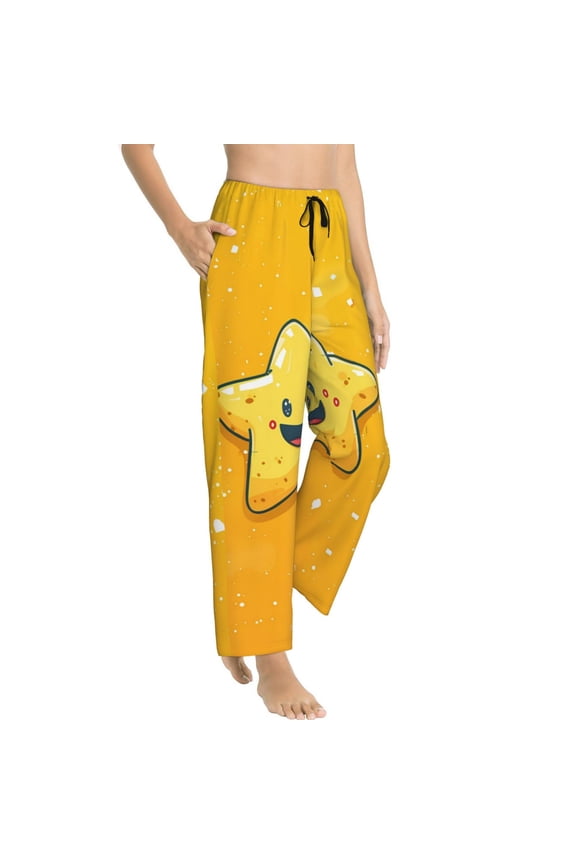 Happy Cartoon Star Womens Soft Woven Cotton Elastic Waistband Sleep Pajama Pant Lounge Sleep Pant With Pockets And Drawstring-Small