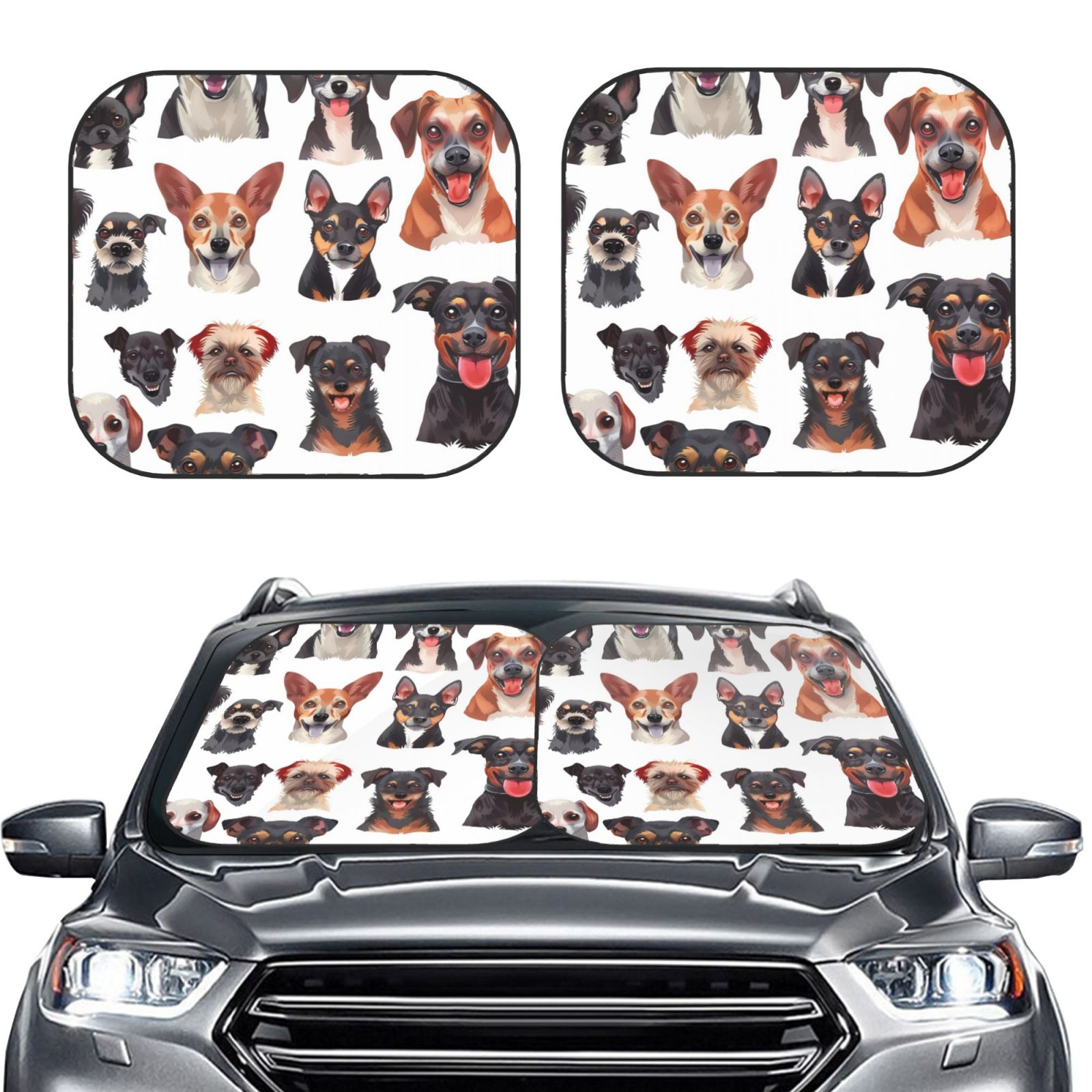 Picia Happy Dog Faces Collage 2 Piece Car Windshield Sun Shade Foldable