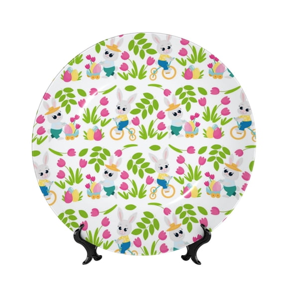 Picia Happy Easter Pattern Bone China Decorative Plate – Wall Decor with Stand and Adhesive, Elegant Ornament for Living Room, Office, or Entryway-6in