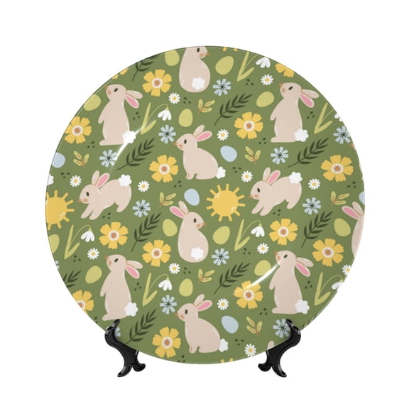 Picia Happy Easter Pattern Bone China Decorative Plate – Wall Decor with Stand and Adhesive, Elegant Ornament for Living Room, Office, or Entryway-6in