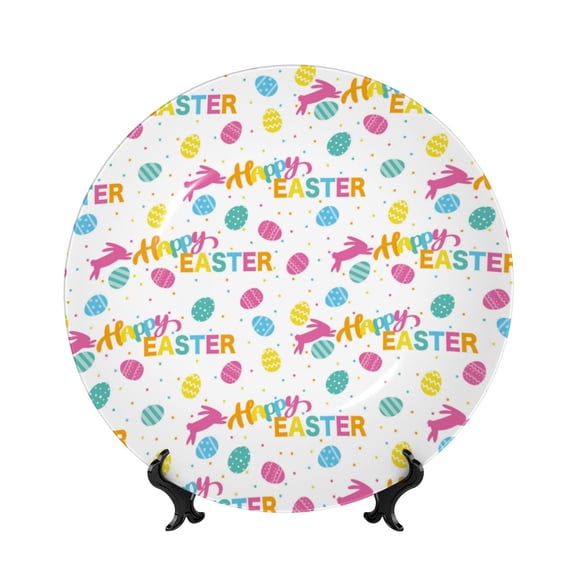 Picia Happy Easter Pattern Bone China Decorative Plate – Wall Decor with Stand and Adhesive, Elegant Ornament for Living Room, Office, or Entryway-8in