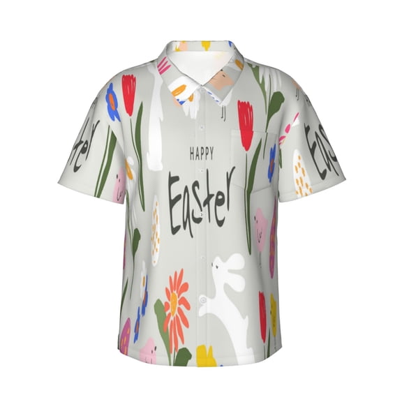 Picia Happy Easter Pattern Men's Hawaiian Shirt – Soft Cotton Regular Fit Short Sleeve Shirt, Casual Beach Shirt for Summer, Vacation, and Outdoor Wear,Medium