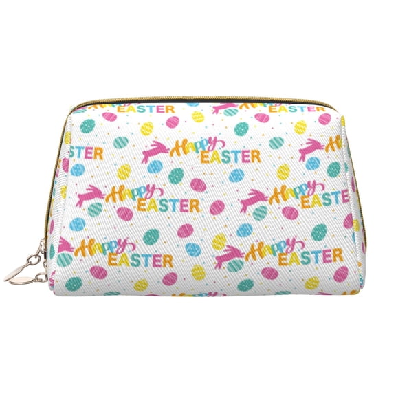 Picia Happy Easter Print Leather Makeup Bag Make Up Bag Travel Toiletry Bag for Her Girlfriend Teacher Teen Girl Gifts