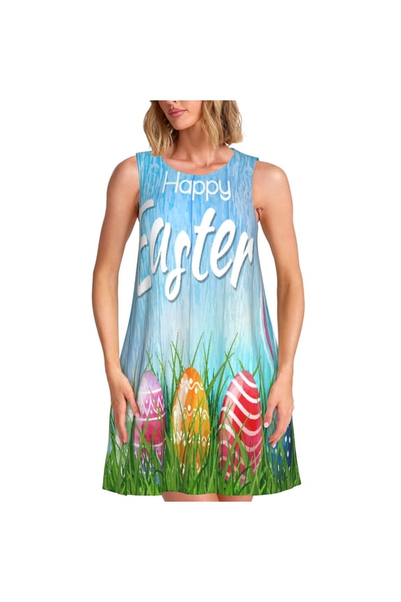 Happy Easter Print Women’s Sleeveless Midi Swing Dress – A-Line Pleated Tank Sundress, Comfortable and Flowy T-Shirt Dress