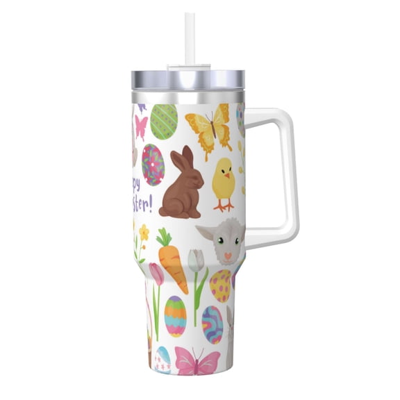 Picia Happy Easter1 Pattern 40oz Ice Bully Insulated Tumbler with Handle, Double-Wall Stainless Steel Cup, Leak-Proof Lid and Straw