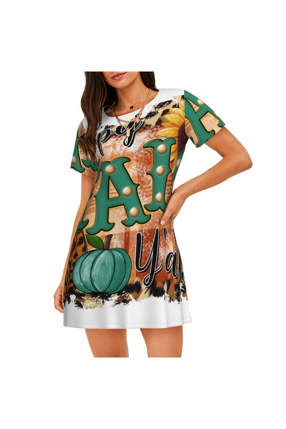 Happy Fall Y'All Pattern Women’s Nightdress – Casual Short-sleeved Loose-Fit Sleepwear, Soft Cotton Short-Sleeve Sleep Shirt for Relaxation & Comfort