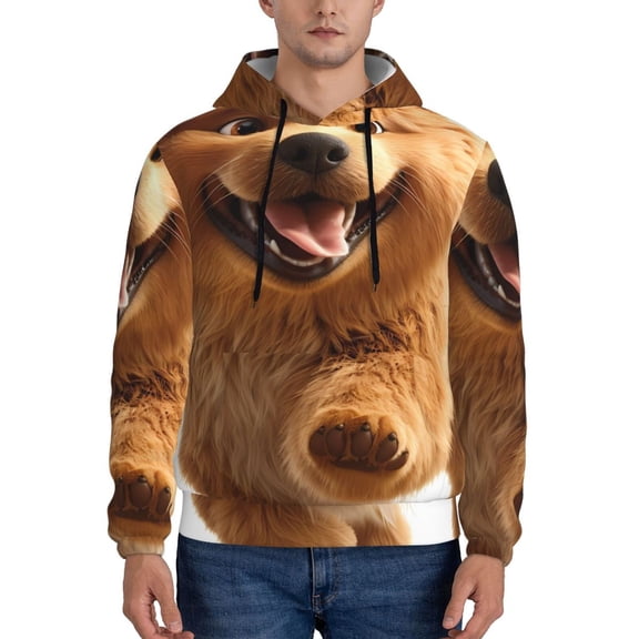Picia Happy Fluffy Running Dog Pattern Casual Men's Hoodie - Lightweight Hooded Sweatshirt with Kangaroo Pocket, Comfortable Pullover for Everyday, Travel-X-Large