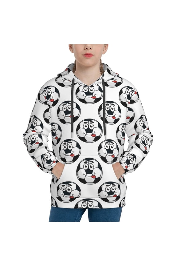 Happy Football Pattern Youth Hoodie - Warm Pullover Sweatshirt with Kangaroo Pocket, Ideal for Boys and Girls-Small