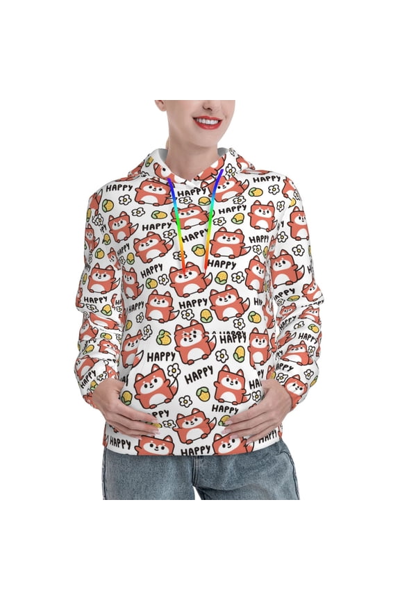 Happy Foxy Faces Pattern Casual Women's Hoodie, Hooded Sweatshirt with Kangaroo Pocket, Comfortable Pullover with Eye-catching Drawstrings-Medium