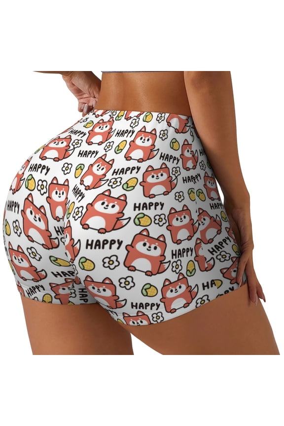 Happy Foxy Faces Printed Workout Shorts for Women Seamless Scrunch Butt Lifting High Waisted Yoga Gym Booty Running Moisture-wicking Short Pants-XX-Large
