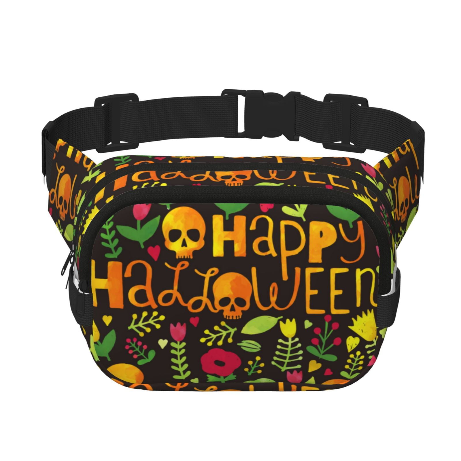 Picia Happy Halloween Floral Print Square Double-Layer Waist Bag Mini Adjustable Waist Belt Bag Exercise Running Travel Hiking