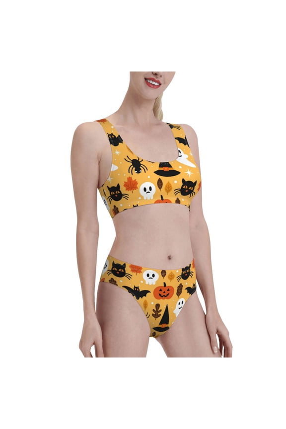 Happy Halloween Women's High Waisted Bikini Scoop Neck Swimsuit Two Pieces Bathing Suit-Large