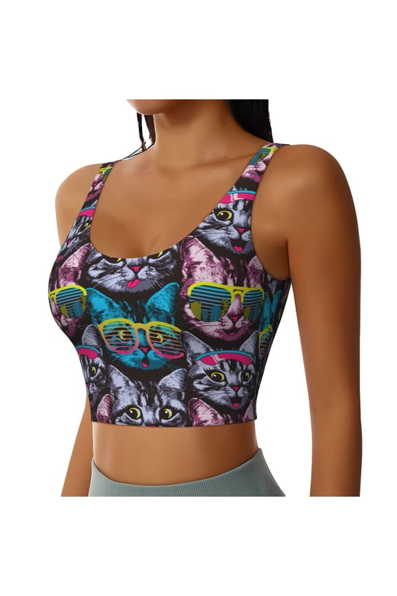 Happy Kitten Faces Sports Bra for Women,Padded Strappy Sports Bras Medium Support Yoga Bra with Removable Cups,Running Yoga Bra-