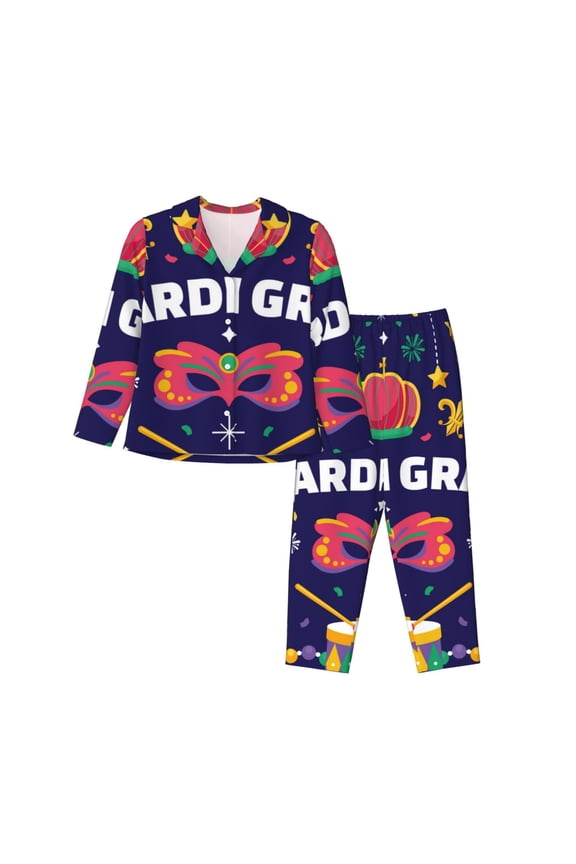 Happy Mardi Gras Pattern Women’s Long-Sleeve Sleepwear Set - Soft 2-Piece Loungewear with Pockets, Comfy PJs for Relaxing Nights-Medium