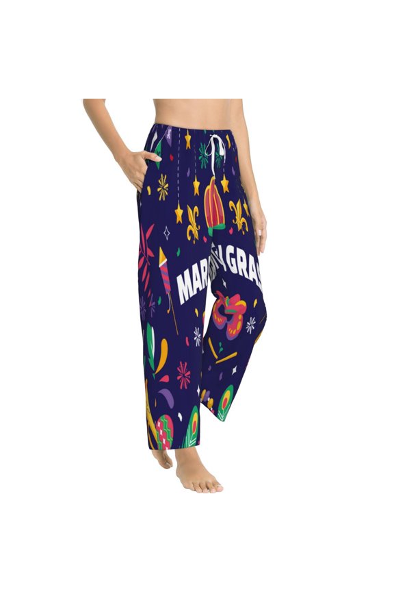 Happy Mardi Gras Womens Soft Woven Cotton Elastic Waistband Sleep Pajama Pant Lounge Sleep Pant With Pockets And Drawstring-Small