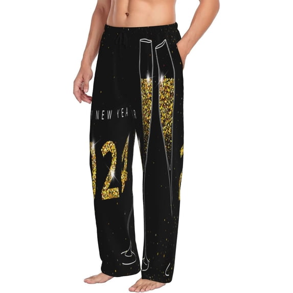 Picia Happy New Year 2024 (2) Mens Soft Woven Cotton Elastic Waistband Sleep Pajama Pant Lounge Sleep Pant With Pockets And Drawstring-Small