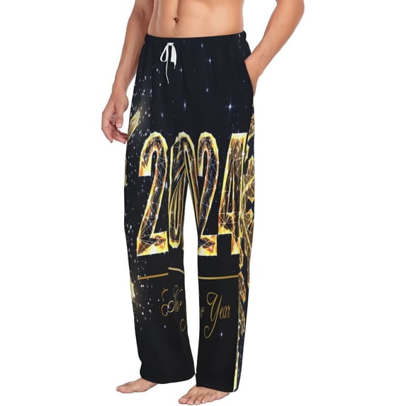 Picia Happy New Year 2024 (5) Mens Soft Woven Cotton Elastic Waistband Sleep Pajama Pant Lounge Sleep Pant With Pockets And Drawstring-Small