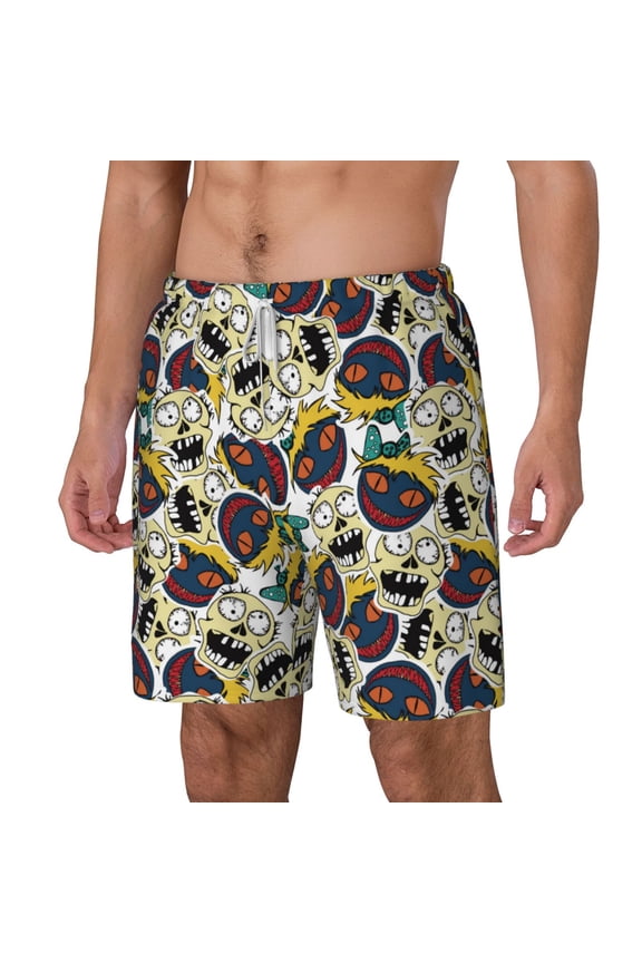 Happy Skeleton pattern Mens Swim Trunks with Compression Liner Stretch Beach Shorts Quick Dry with Zipper Pockets No-Chafing Board Shorts-Small