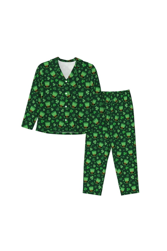 Happy St. Patrick's Day Pattern Women’s Long-Sleeve Sleepwear Set - Soft 2-Piece Loungewear with Pockets, Comfy PJs for Relaxing Nights-XX-Large