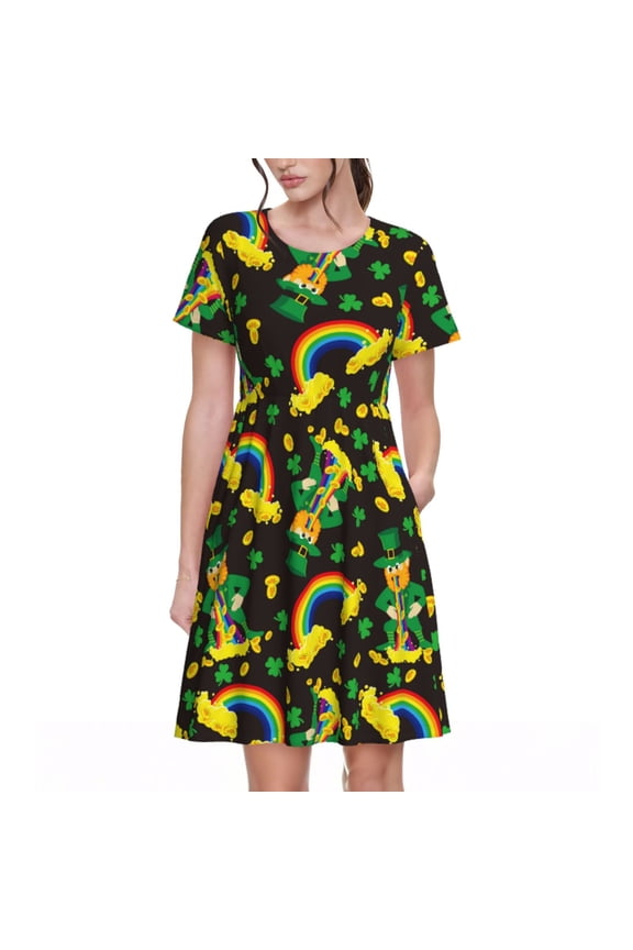Happy St. Patrick's Day Pattern Women's Short Sleeve Summer Dress Pleated Loose Swing Knee Length Short Sleeve Swing Dresses