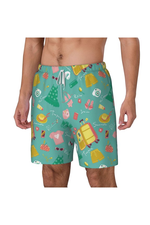 Happy Summer pattern Mens Swim Trunks with Compression Liner Stretch Beach Shorts Quick Dry with Zipper Pockets No-Chafing Board Shorts-Small