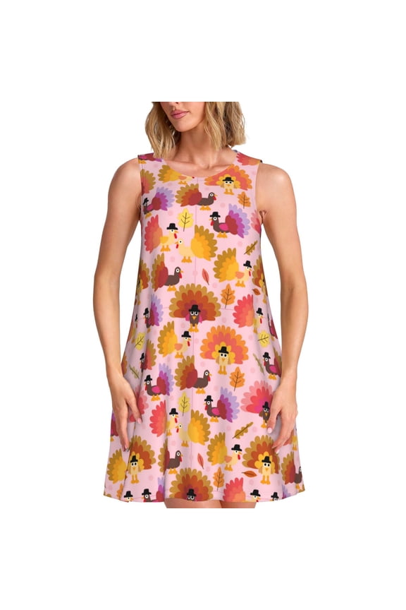Happy Thanksgiving Turkey Print Women’s Sleeveless Midi Swing Dress – A-Line Pleated Tank Sundress, Comfortable and Flowy T-Shirt Dress