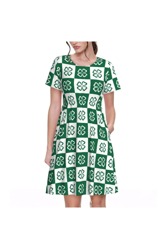 Happy saint Patricks day Pattern Women's Short Sleeve Summer Dress Pleated Loose Swing Knee Length Short Sleeve Swing Dresses