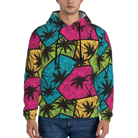 Picia Hawaii Palms Pattern Casual Men's Hoodie - Lightweight Hooded Sweatshirt with Kangaroo Pocket, Comfortable Pullover for Everyday, Travel-XX-Large