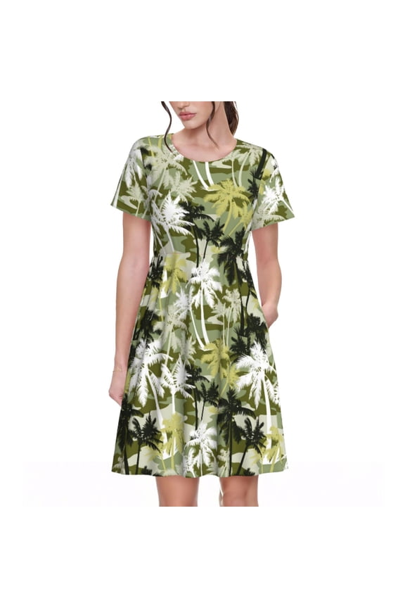 Hawaii Palms Pattern Women's Short Sleeve Summer Dress Pleated Loose Swing Knee Length Short Sleeve Swing Dresses