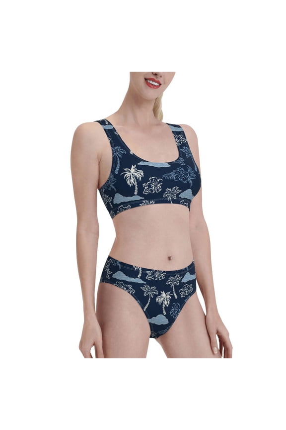 Hawaii Palms Women's High Waisted Bikini Scoop Neck Swimsuit Two Pieces Bathing Suit-Medium