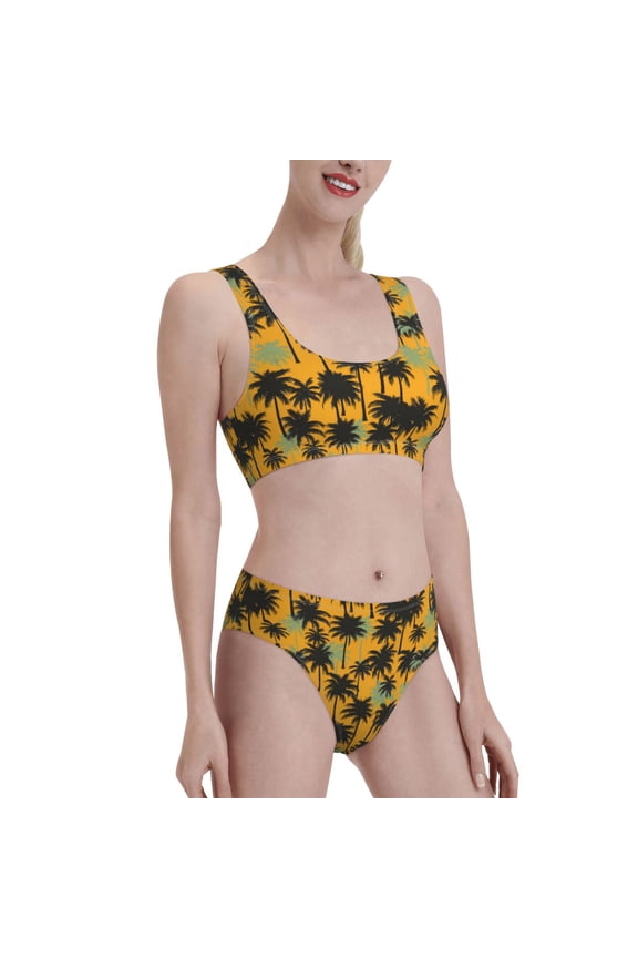 Hawaii Palms Women's High Waisted Bikini Scoop Neck Swimsuit Two Pieces Bathing Suit-Small