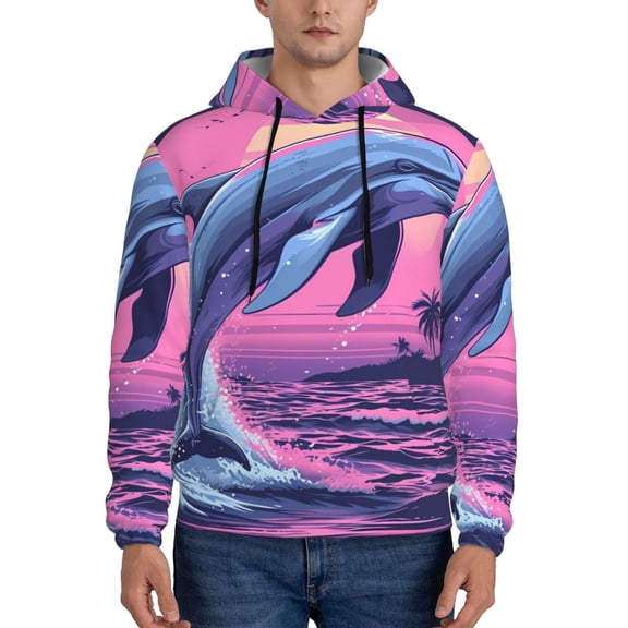 Picia Hawaiian Beach Dolphin Pattern Casual Men's Hoodie - Lightweight Hooded Sweatshirt with Kangaroo Pocket, Comfortable Pullover for Everyday, Travel-Small