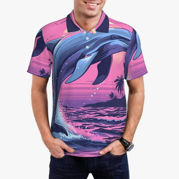 Picia Hawaiian Beach Dolphin Print Men's Polo Shirt, Two-Button Closure Pique Polo Shirt, Summer Fashion Golf Shirt-4X-Large